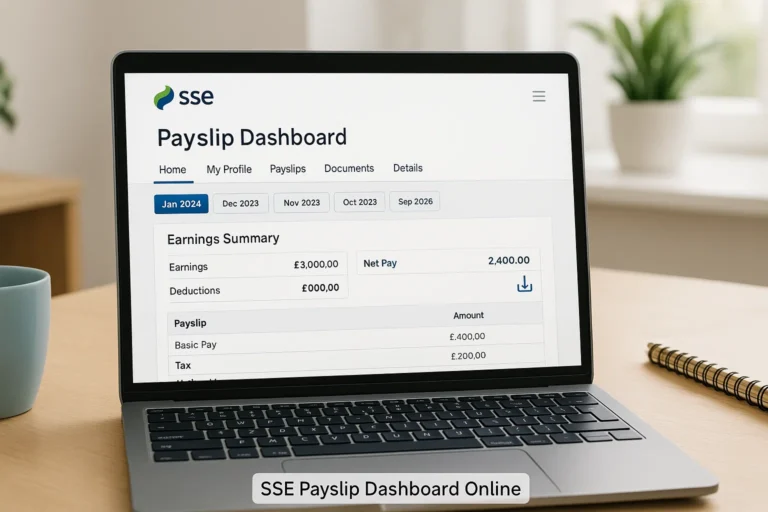 SSE payslip dashboard open on laptop
