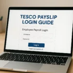 Tesco payslip login page on a laptop