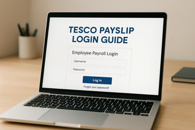 Tesco payslip login page on a laptop