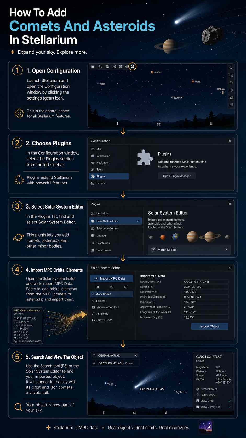 How to add comets and asteroids using the Stellarium Comets And Asteroids Plugin