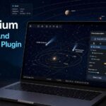 Stellarium Comets And Asteroids Plugin shown on a laptop with comet and asteroid orbit paths