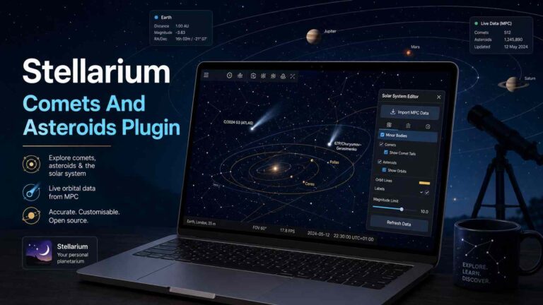 Stellarium Comets And Asteroids Plugin shown on a laptop with comet and asteroid orbit paths