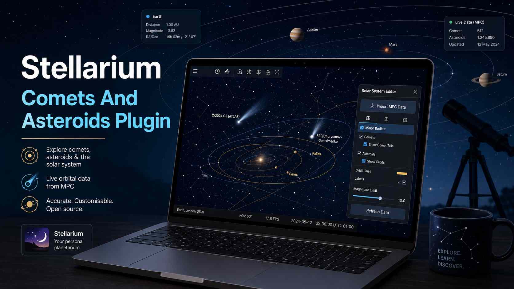 Stellarium Comets And Asteroids Plugin shown on a laptop with comet and asteroid orbit paths