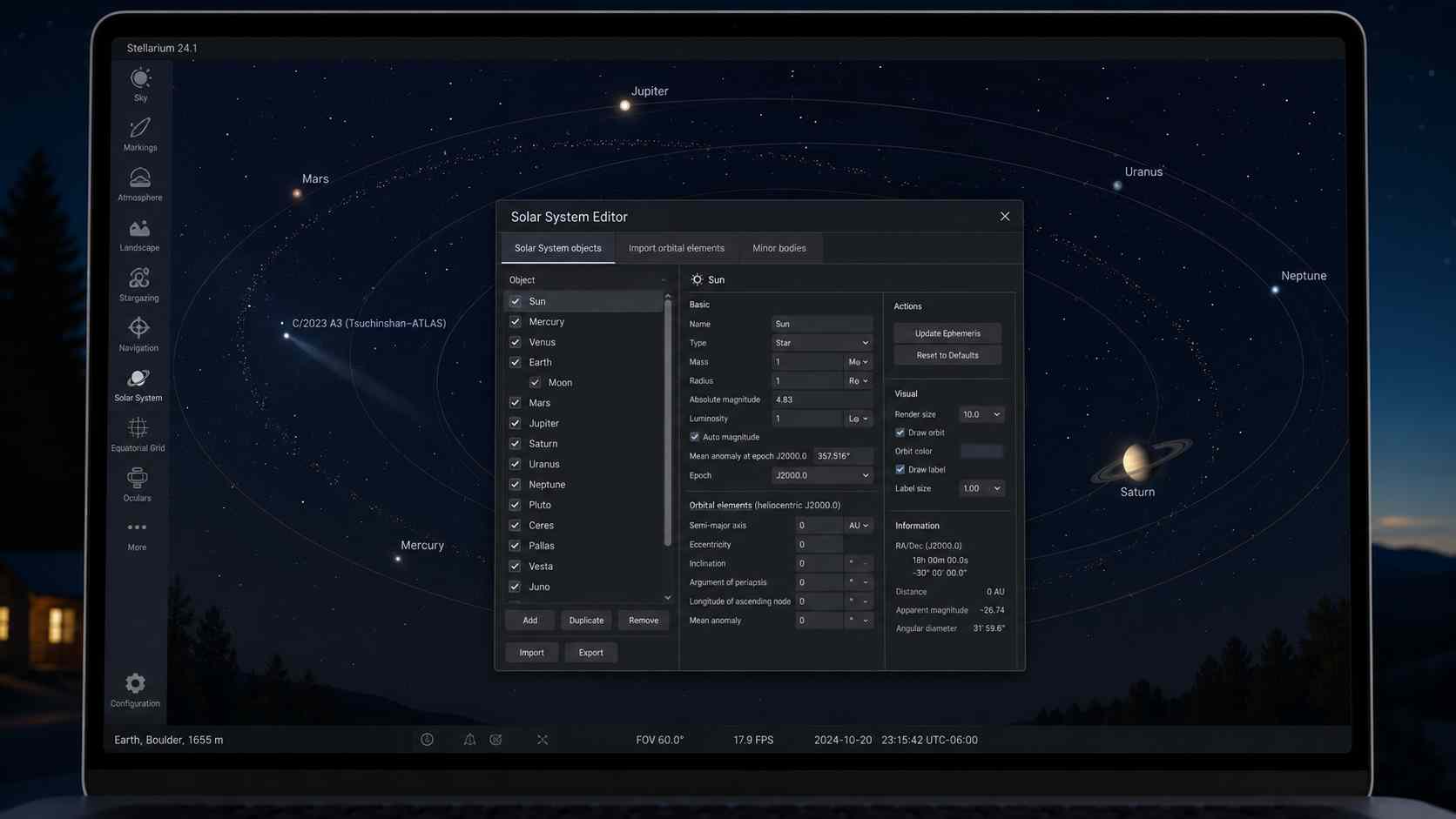 Solar System Editor plugin in Stellarium used for comets and asteroids